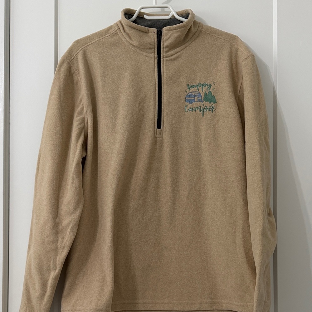 Tan Quarter-Zip fleece with Happy Camper embroidery